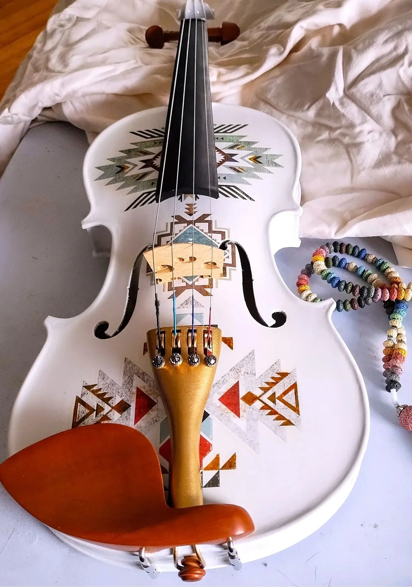 Native American Spirit Violin Outfit | Robin Egg Blue & Gold Motif, Crystal Tuners - Rozanna's Violins