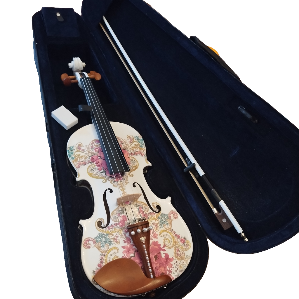 Gilded Age Violin w Matching Carbon Fiber Bow Case Crystal Fine Tuners Rosin Strings Set Up for elegant music performance.