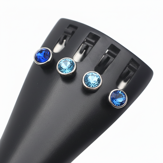 Close-up of blue crystal fine tuners on Rozanna's Blue Heaven Crystalline Cello Tailpiece