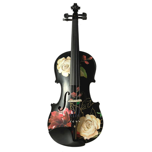 Rozanna's Rose Delight Black Violin Outfit w Matching Carbon Fiber Bow Case features stunning rose designs for versatile play.