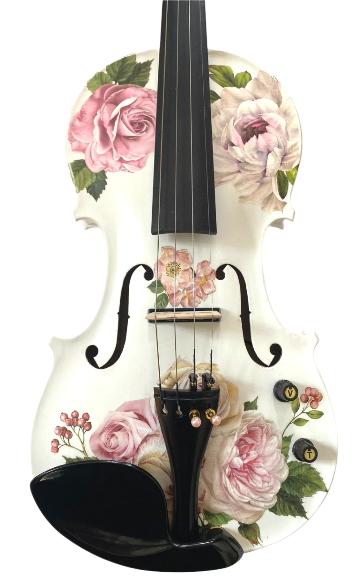 Explore the Rose Delight Electric Acoustic Violin Outfit w Matching Carbon Fiber Bow, featuring elegant rose patterns.