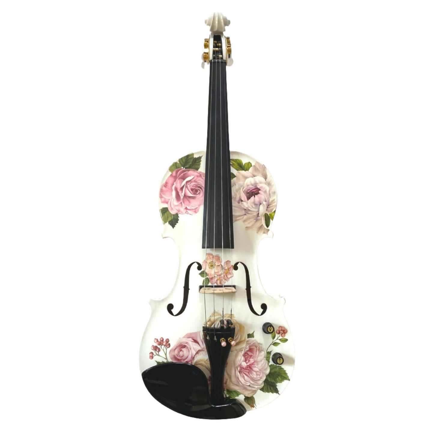 Rose Delight Electric Acoustic Violin Outfit features a rose-pattern design, carbon fiber bow, and fine tuners for optimal play.