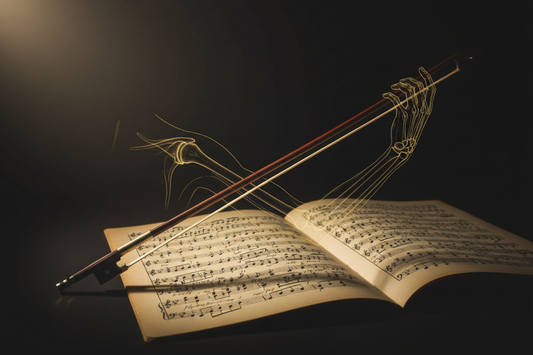 A violin bow resting diagonally across an aged music manuscript, dark editorial background with warm gold lighting, representing the schools of violin technique and the bow arm