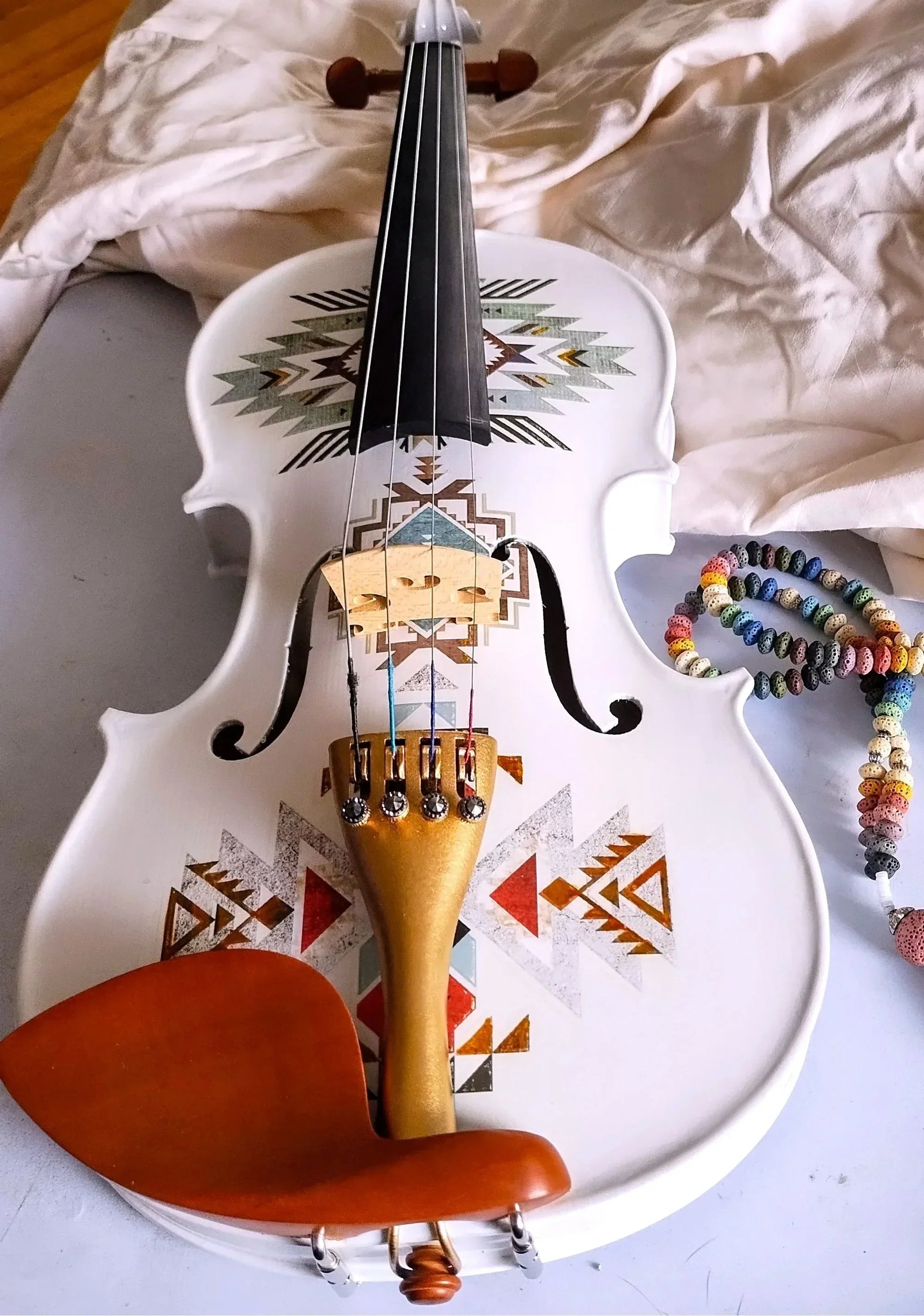 Native American Spirit Violin Outfit | Robin Egg Blue & Gold Motif, Crystal Tuners - Rozanna's Violins