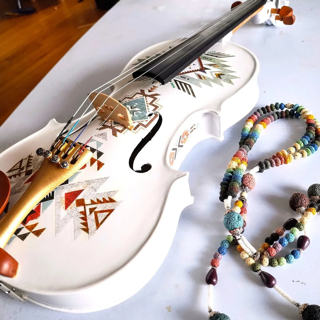 Native American Spirit Violin Outfit | Robin Egg Blue & Gold Motif, Crystal Tuners - Rozanna's Violins