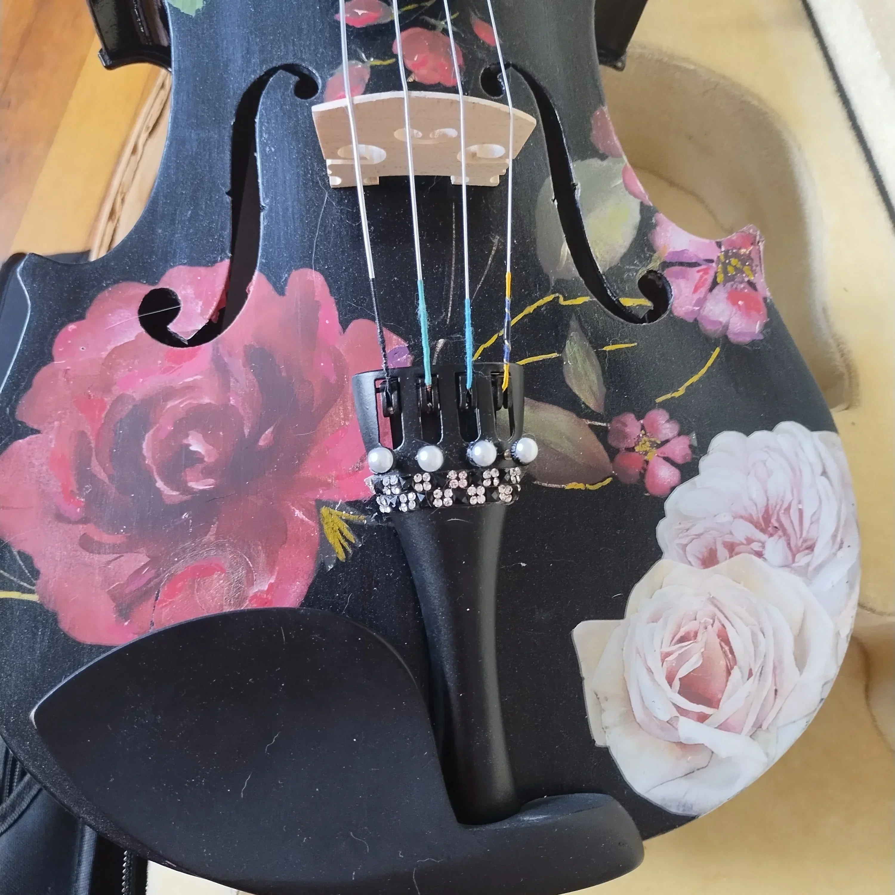 Black Rose Viola Outfit | Custom Crystal Tailpiece & Pearl Fine Tuners - Rozanna's Violins