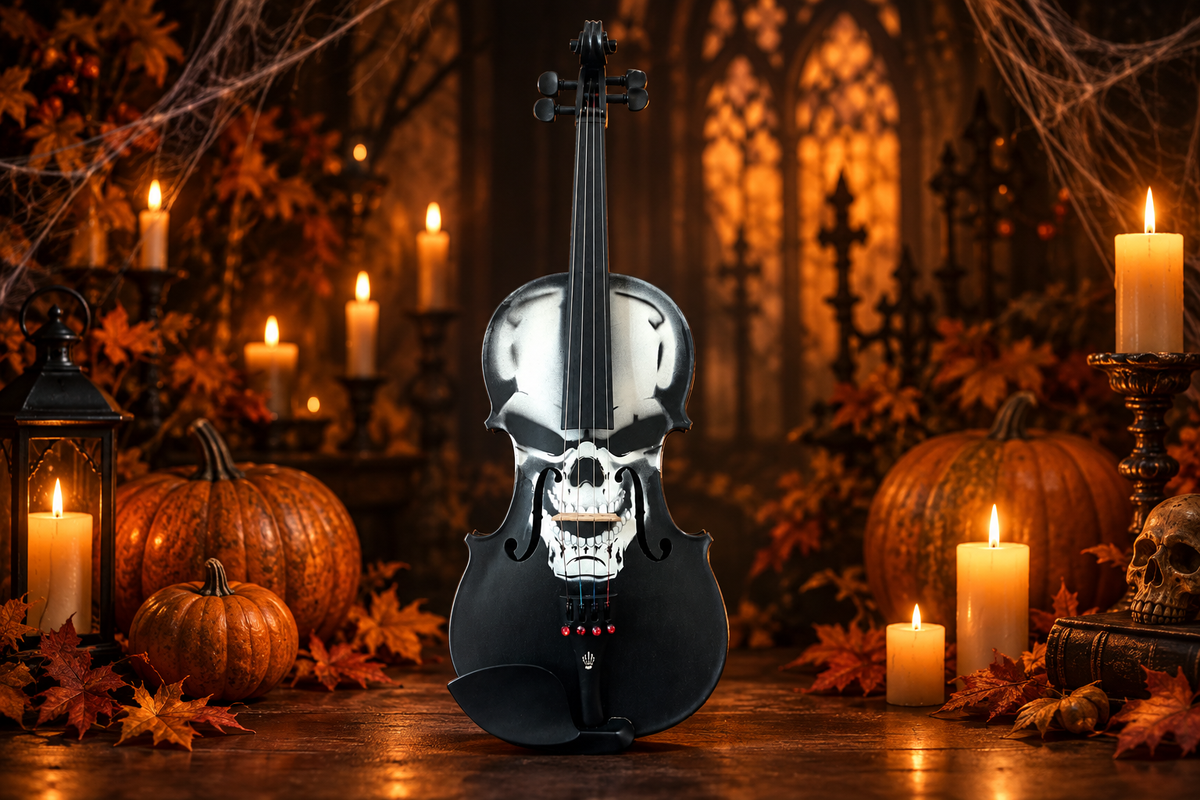 Halloween still life featuring the real Scourge of War Skull Violin