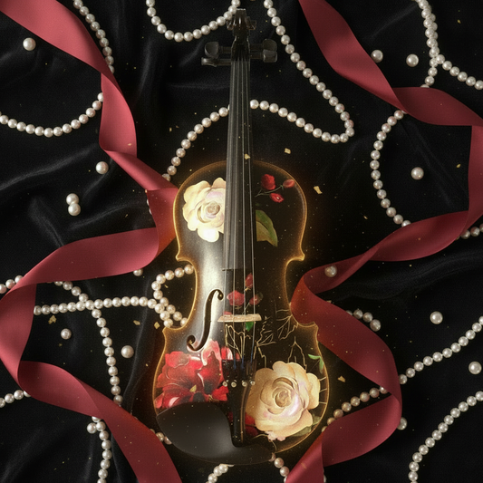 Rose Delight Black Violin - Red Ribbon & Pearls