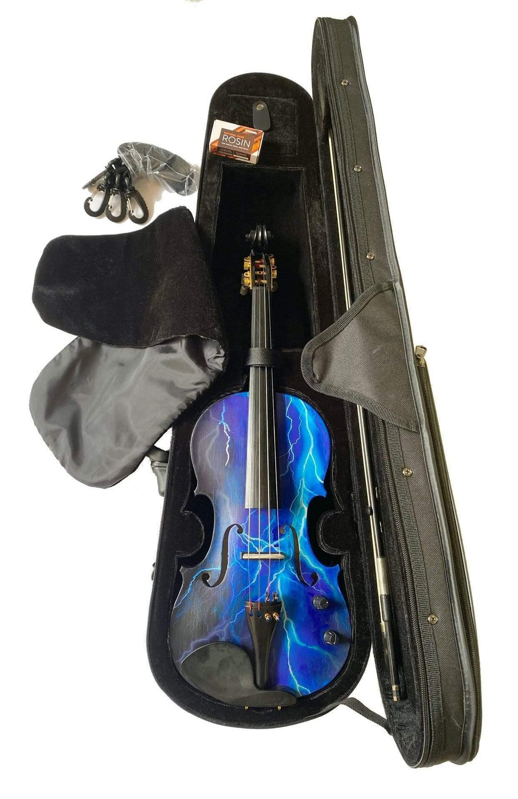 Electric Blue Lightning Violin | Electric-Acoustic with Machine Head Pegs & Carbon Bow - Rozanna's Violins