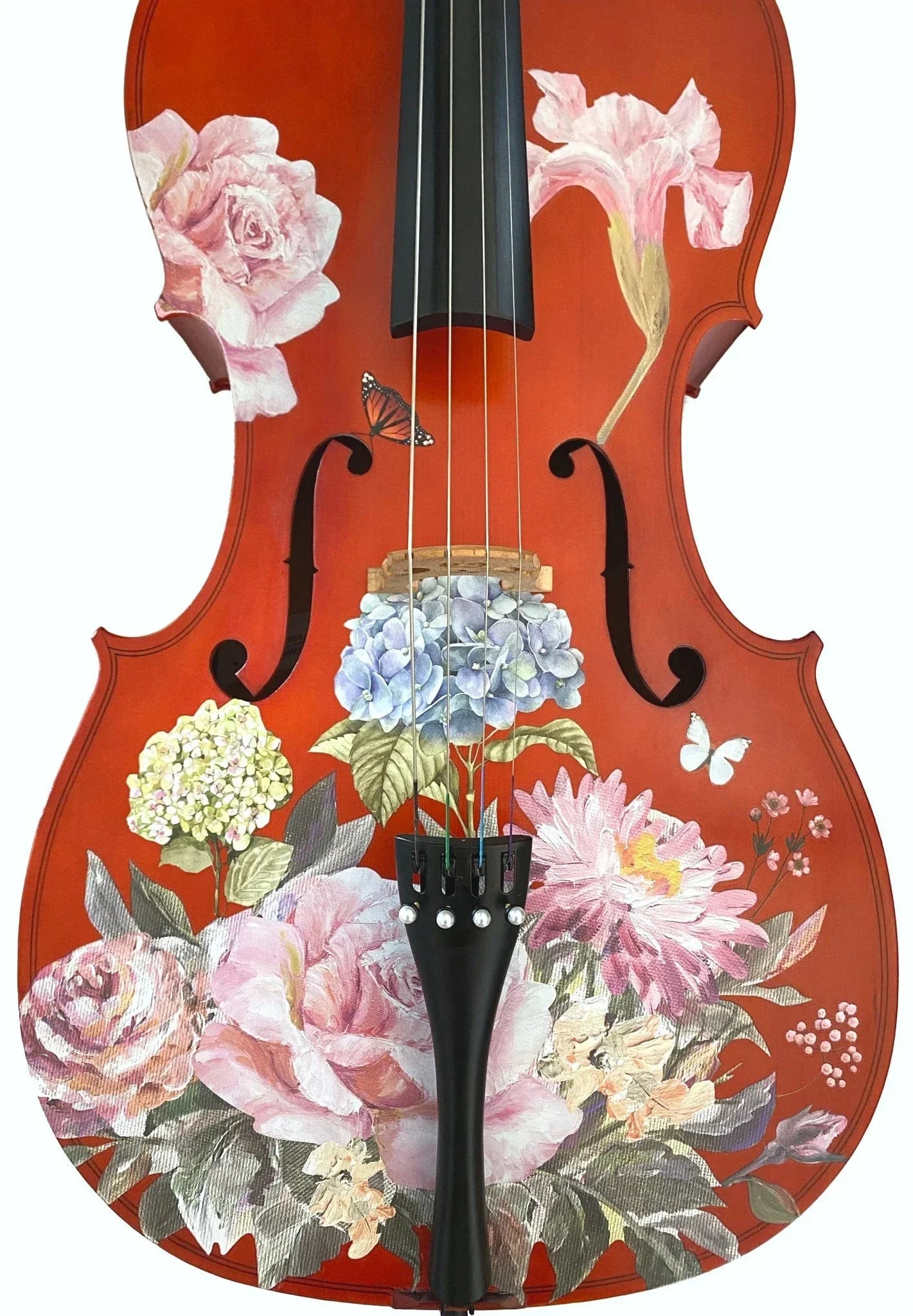 Floral Garden Cello Outfit | Rose & Hydrangea Design, Brazilwood Bow & Case - Rozanna's Violins